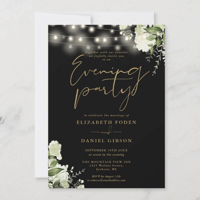 Black And Gold Greenery Wedding Evening Party Invitation (Front)