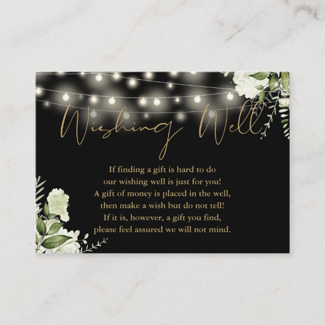 Black And Gold Greenery Wishing Well Wedding Enclosure Card (Front)