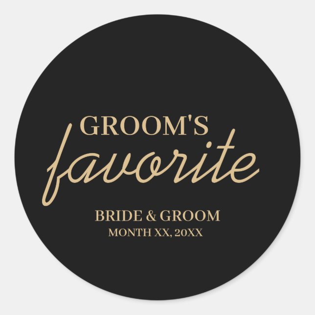 Black and Gold Groom's Favourite Snack Wedding Classic Round Sticker (Front)