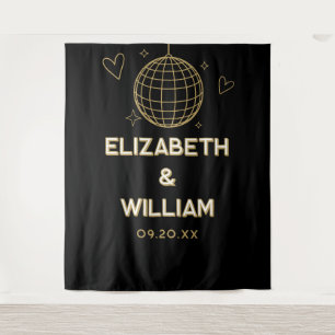 Black And Gold Groovy Disco Wedding Photo Backdrop Tapestry
