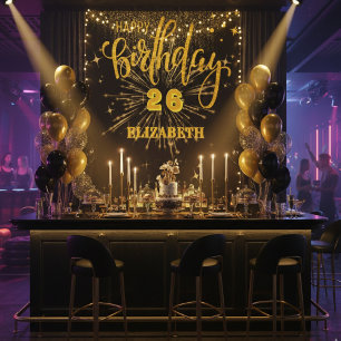 Black and Gold Happy Birthday Backdrop Banner Tapestry