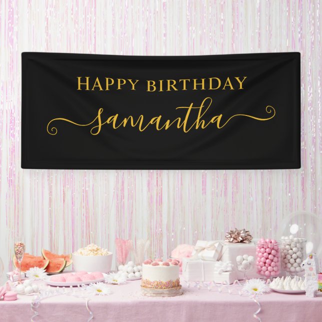 Black and Gold Happy Birthday Cute Signature Name Banner (Party)