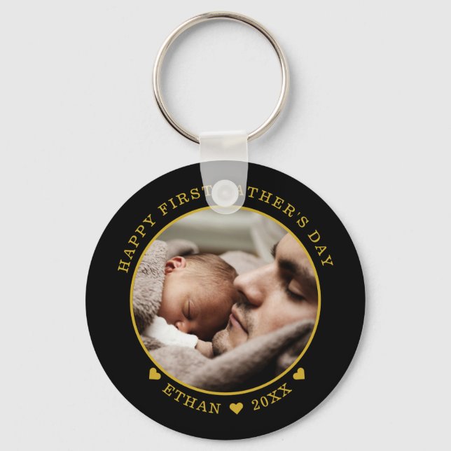 Black And Gold Happy First Father's Day Photo   Key Ring (Front)