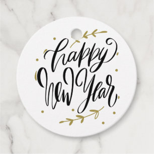 Black and Gold Happy New Year Calligraphy Wreath Favour Tags