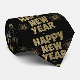 Black and Gold Happy New Year Mens Tie