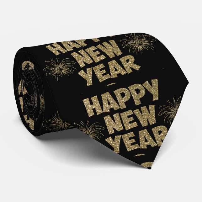 Black and Gold Happy New Year Mens Tie (Rolled)