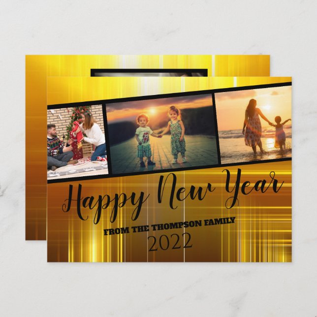 Black and Gold Happy New Year Photo Collage Postcard (Front/Back)