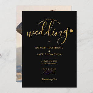 Black And Gold Heart Elegant Script Photo Wedding Invitation