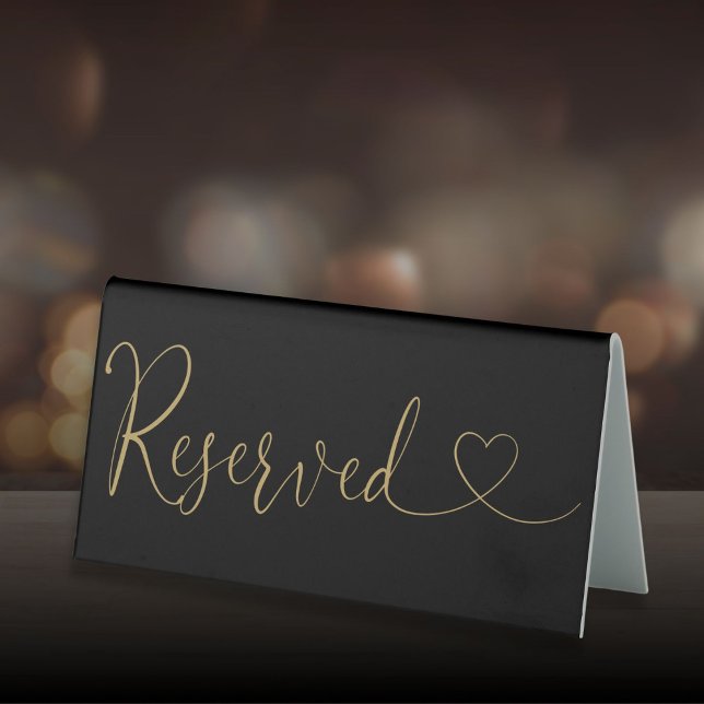 Black And Gold Heart Script Reserved (Black And Gold Heart Script Reserved Table Tent Sign)
