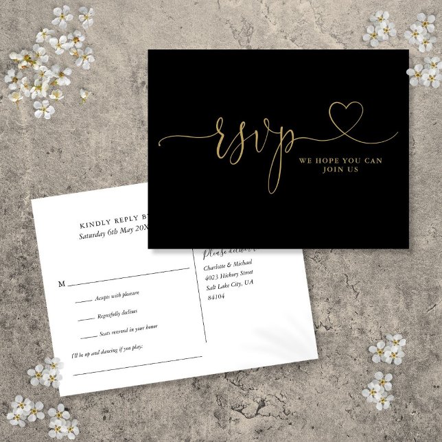 Black And Gold Heart Script Song Request RSVP Card (Black And Gold Heart Script Song Request RSVP Card)