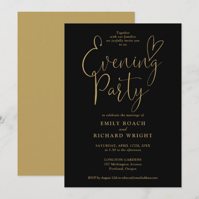 Black And Gold Heart Script Wedding Evening Party Invitation (Front/Back)