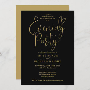 Black And Gold Heart Script Wedding Evening Party Invitation