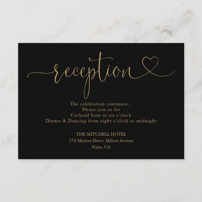 Black And Gold Heart Script Wedding Reception Enclosure Card (Front)