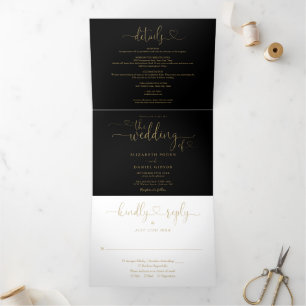 Black And Gold Heart Script Wedding Tri-Fold Invitation
