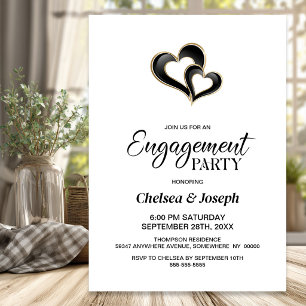 Black and Gold Hearts Engagement Party Invitation