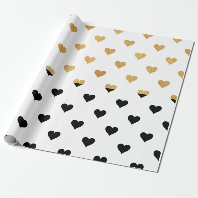 Black and Gold Hearts Wrapping Paper (Unrolled)