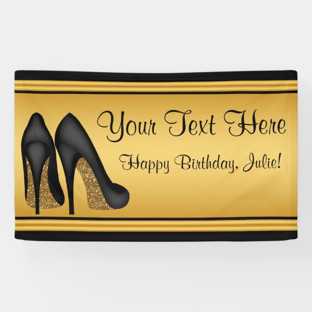 Black and  Gold High Heel Shoe Birthday Party Banner (Horizontal)