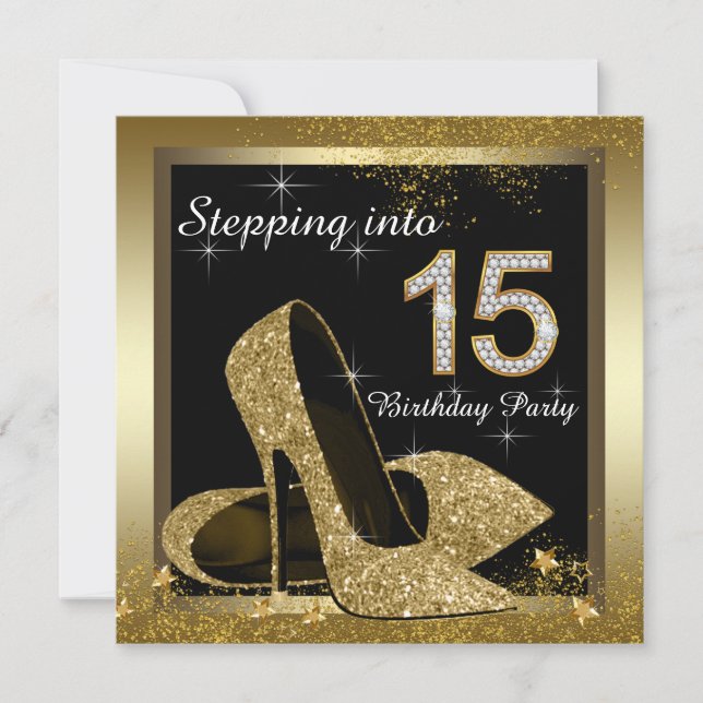Black and Gold High Heel Shoe Quinceañera Invitation (Front)