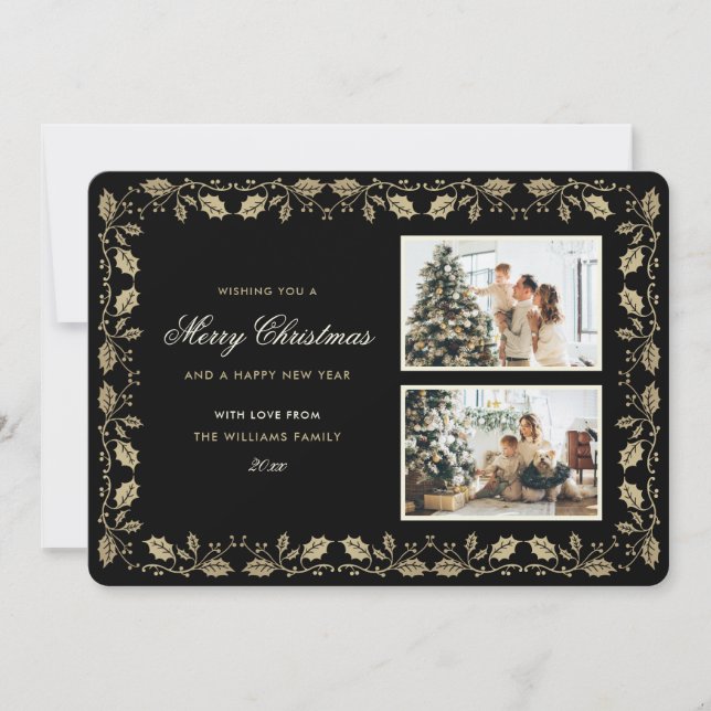 Black and Gold Holly Photo Christmas Holiday Card (Front)
