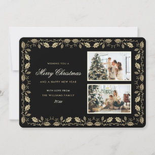 Black and Gold Holly Photo Christmas Holiday Card