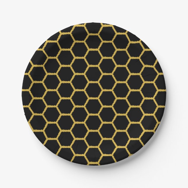 Black and Gold Honeycombs Paper Plate (Front)