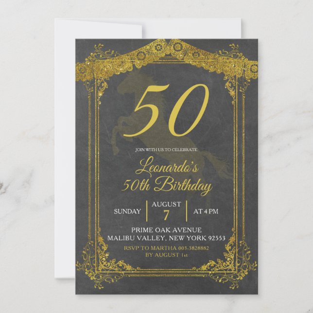 Black and Gold Horse Adult Birthday Invitation (Front)