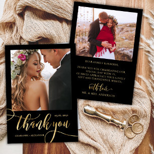 Black and Gold Huge Gold Script 2 Photo Wedding  Thank You Card