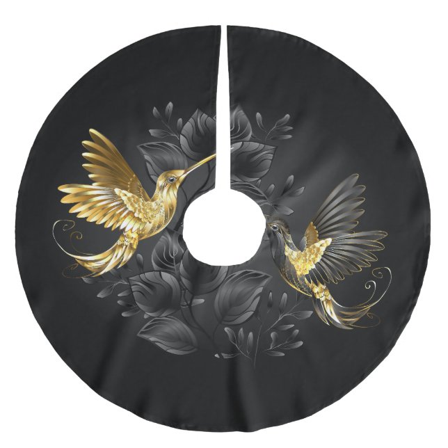Black and Gold Hummingbird Brushed Polyester Tree Skirt (Front)