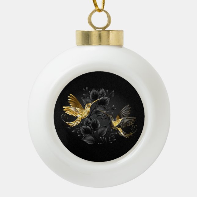Black and Gold Hummingbird Ceramic Ball Christmas Ornament (Front)
