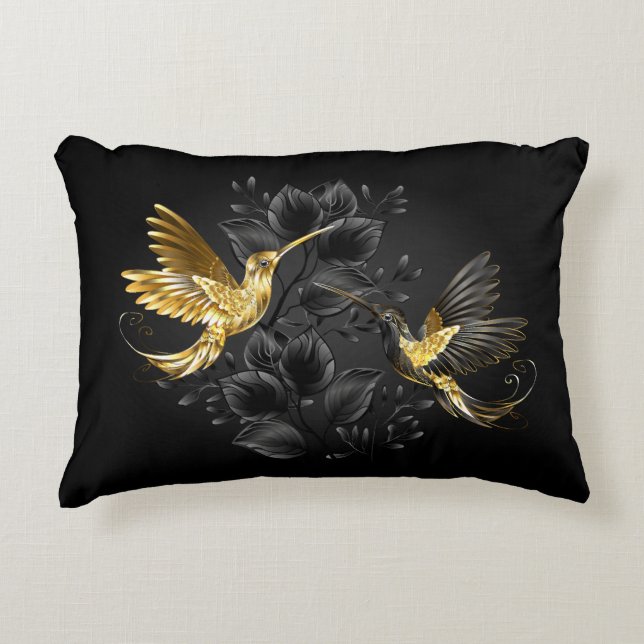 Black and Gold Hummingbird Decorative Cushion (Front)