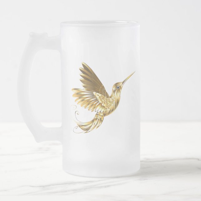 Black and Gold Hummingbird Frosted Glass Beer Mug (Left)