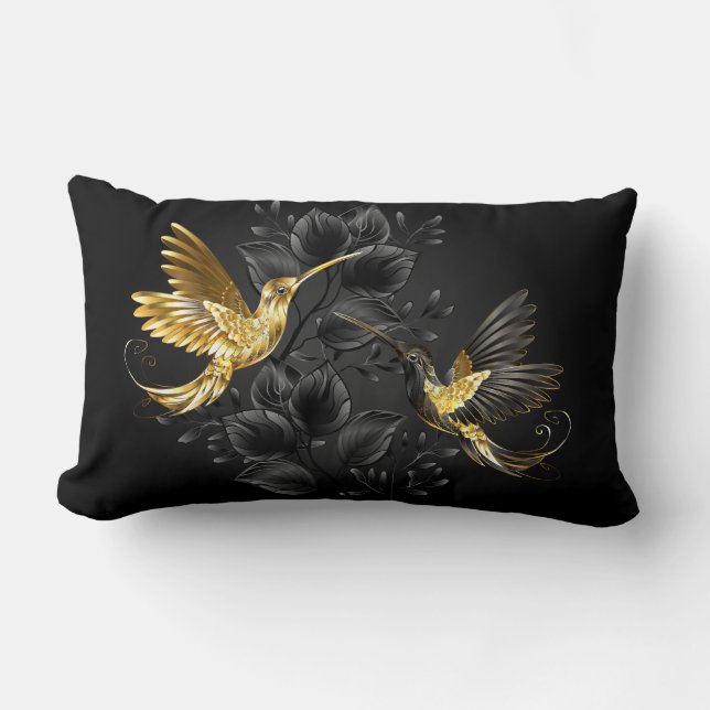 Black and Gold Hummingbird Lumbar Cushion (Front)