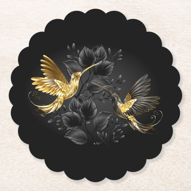 Black and Gold Hummingbird Paper Coaster (Front)