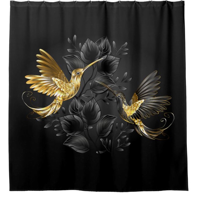 Black and Gold Hummingbird Shower Curtain (Front)
