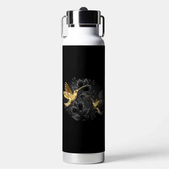 Black and Gold Hummingbird Water Bottle (Front)