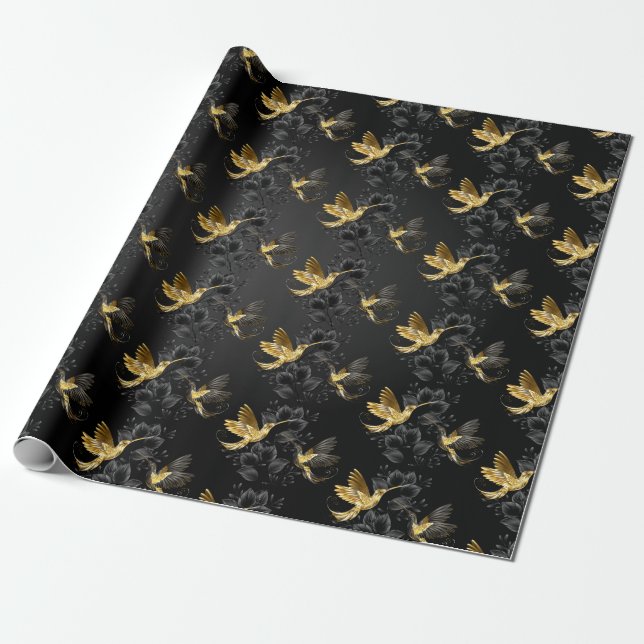 Black and Gold Hummingbird Wrapping Paper (Unrolled)