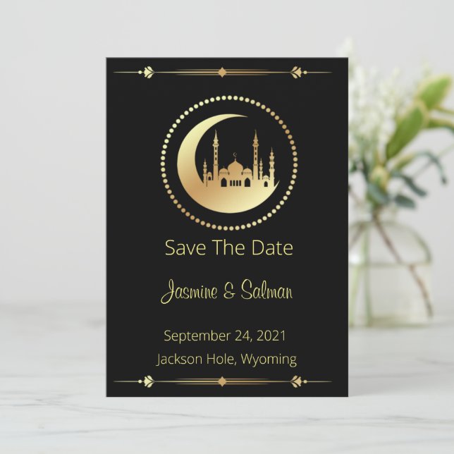 Black And Gold Islamic Save The Date (Standing Front)