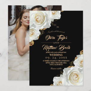 Black and Gold  Ivory Rose Floral Modern  Wedding Invitation