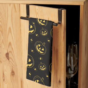 Black and Gold Jack-O' Lanterns Black Halloween Tea Towel