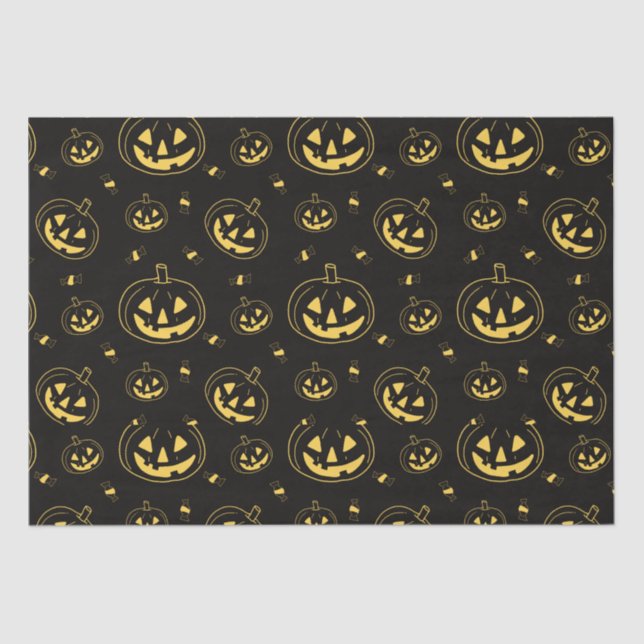 Black and Gold Jack-O' Lanterns Black Halloween Tissue Paper (Front)