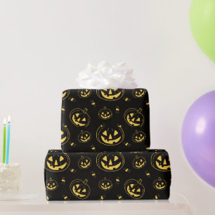Black and Gold Jack-O' Lanterns Black Halloween Wrapping Paper