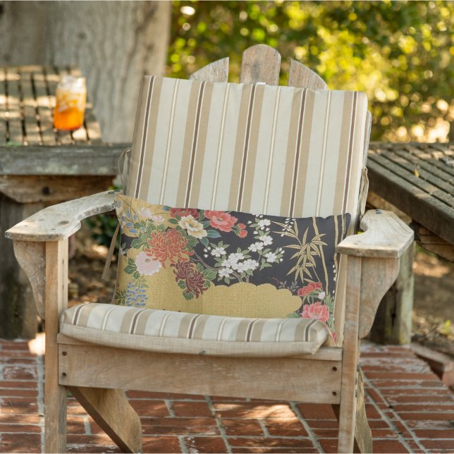 Black and Gold Japanese Floral Patio Outdoor Lumbar Cushion (Chair)