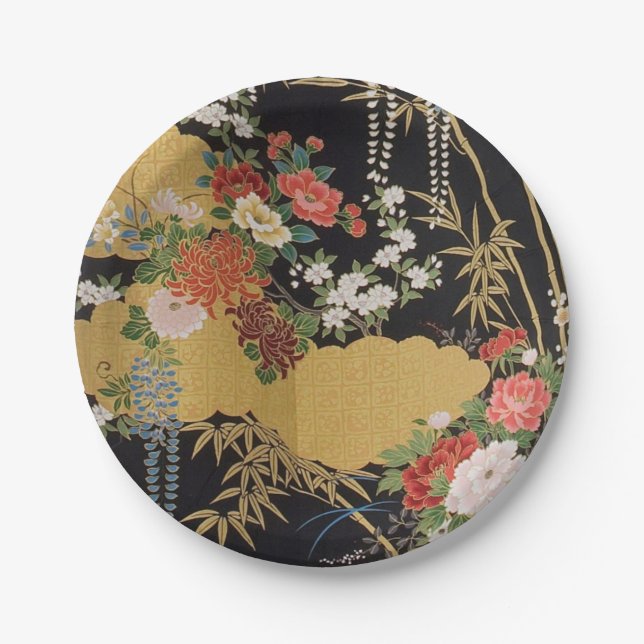Black and Gold Japanese Kimono Floral Flower Paper Plate (Front)