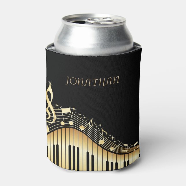 Black And Gold Keyboard With Musical Notes Can Cooler (Can Front)