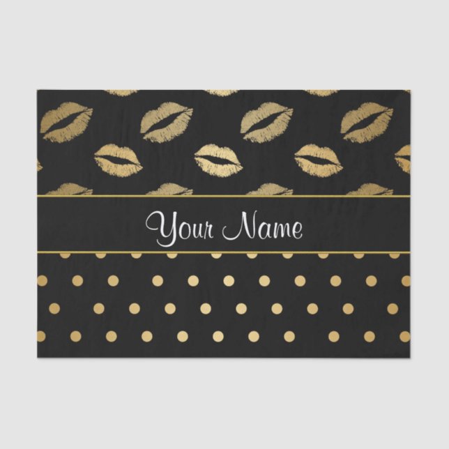 Black and Gold Kisses and Love Hearts Tissue Paper (Front)
