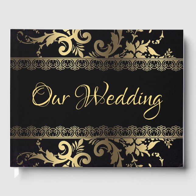 Black and Gold Lace and Swirls Guest Book (Front)