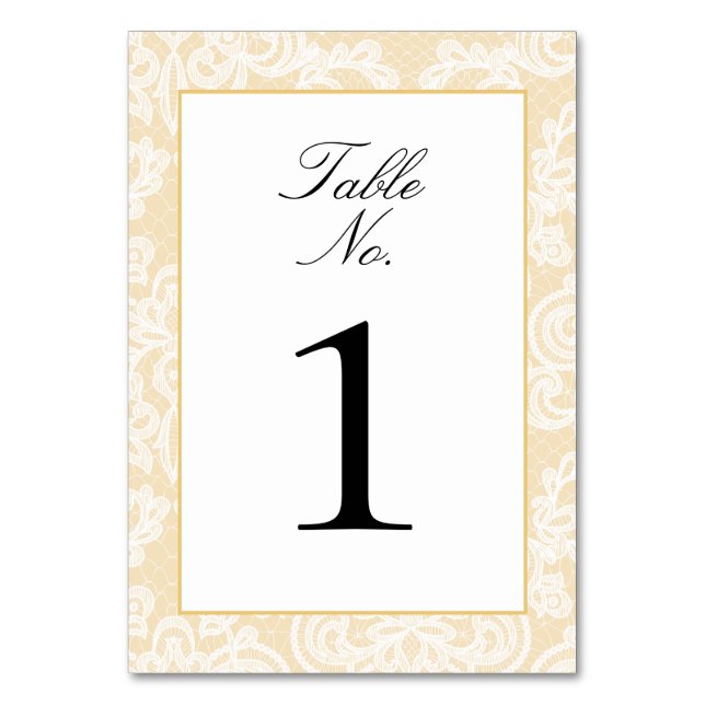 Black and Gold Lace Elegant Script Table Number (Front)