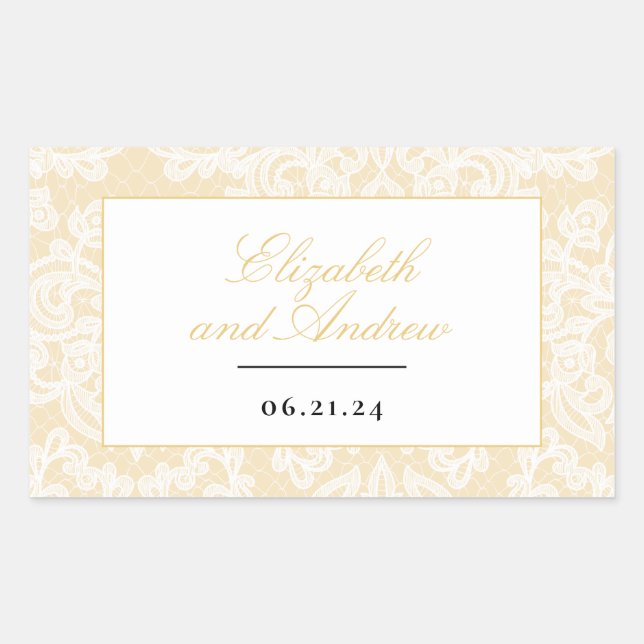 Black and Gold Lace Elegant Script Wedding Rectangular Sticker (Front)
