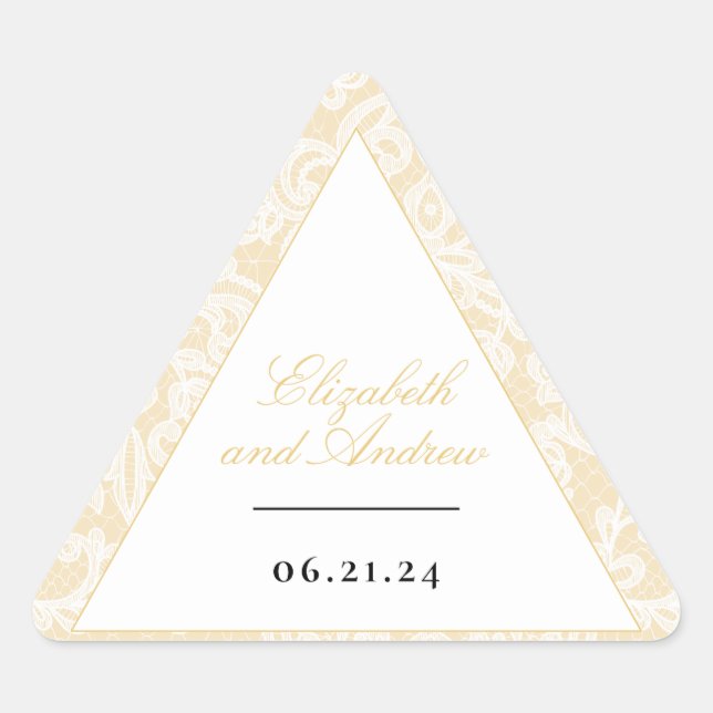 Black and Gold Lace Elegant Script Wedding Triangle Sticker (Front)