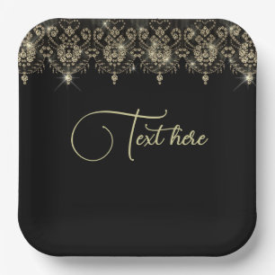 Black and gold lace elegant sparkle look paper plate